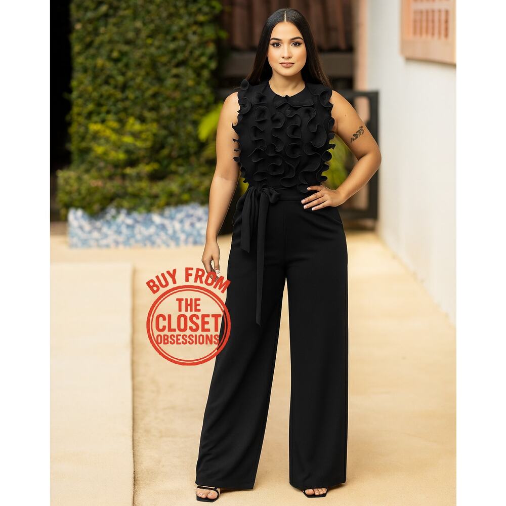Zara Black Ruffle Wide Leg Jumpsuit Belted Sleeveless Elegant Evening Size M NWT - Picture 10 of 16